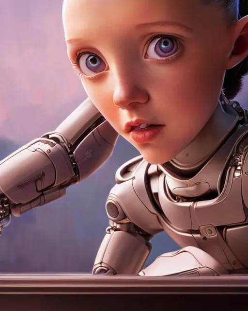 Image similar to weta disney pixar movie still head and torso portrait photo of young millie bobby brown lying on a science fiction table with a white ponytail as thoughtful intricate detailed mechanical plastic cyborg girl by pixar, by weta, wlop, ilya kuvshinov, rossdraws, artgerm, latex, iridescent, bright morning, anime, liosh, mucha