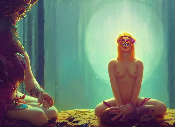 Image similar to wide view picture of a extremely beautiful and aesthetic girl, sitting on the throne, centred position, bright hair, floating greed cubes on the background, lighting eyes, magic circle on the hand, magic and fantasy, highly detailed cute face, specular reflection, occlusion shadow, intricate, masterpiece, by ilya kuvshinov and jeremy lipking and quentin mabille