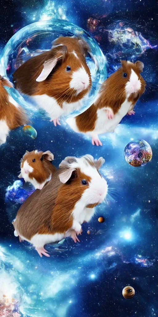 Image similar to ultra realistic guineapigs floating in space suits floating in space on the cover of vogue magazine, 4 k, 8 k, nebula, universe, many stars, space station