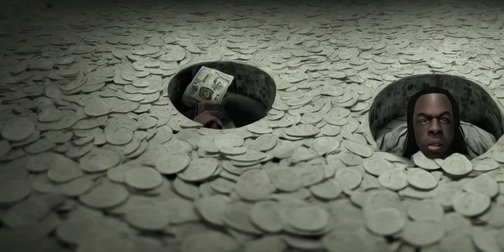 Image similar to a film still of cash money floating in a vault, shallow depth of field, cinematic, award winning cgi, vfx, film still