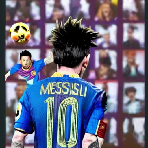 KREA - photograph of Lionel Messi going into super Saiyan