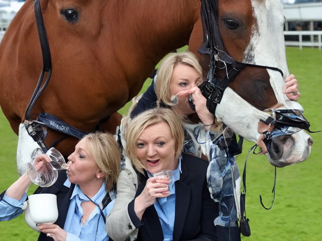 Image similar to liz truss drinking milk from the mouth of a horse