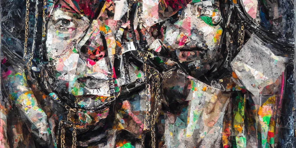 Prompt: a big chain and balaclava, collage paper and tape, acrylic on canvas, hyperrealism mixed with expressionism, high resolution, cinematic, unreal 6 breathtaking detailed, by blake neubert