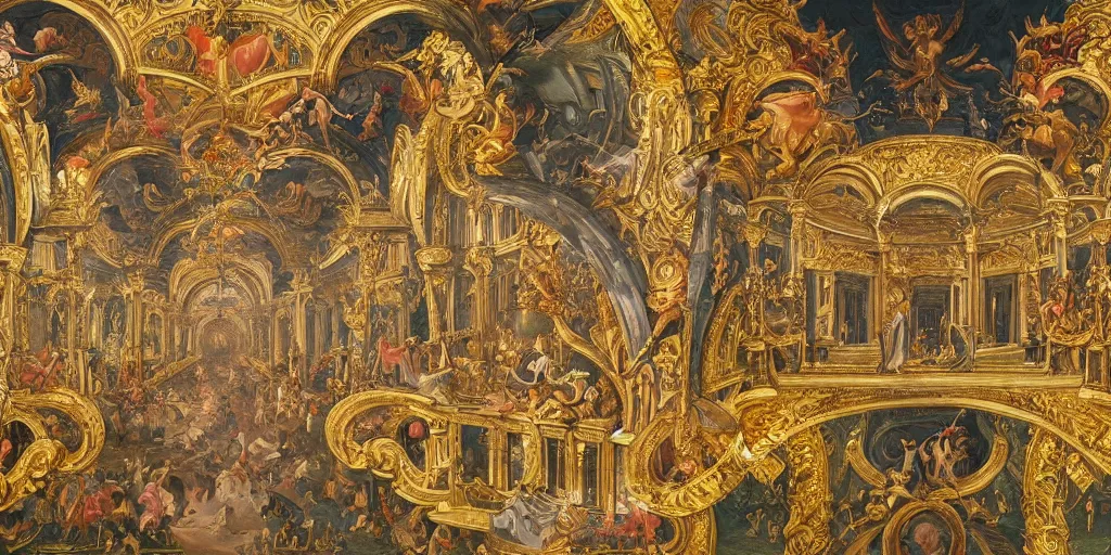 Prompt: beautiful ornate heavenly marble and gold rococo megastructure in the style of heironymus bosch, colorful light intricate masterpiece, hyper detailed, hd