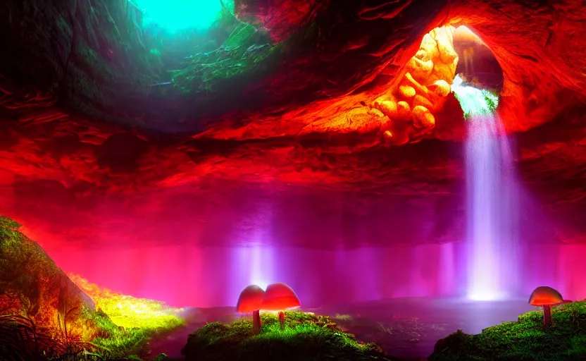 Image similar to a beautiful and stunning professional digital photo of a humongous glowing mushroom cave, haze, waterfall, volumetric lighting, hyperrealistic, red, yellow, green, blue, sunset, unreal engine 5, ultra detail