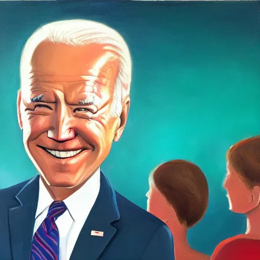 Image similar to Biden staring off into a crowd of people cheering, it’s nighttime, oil painting