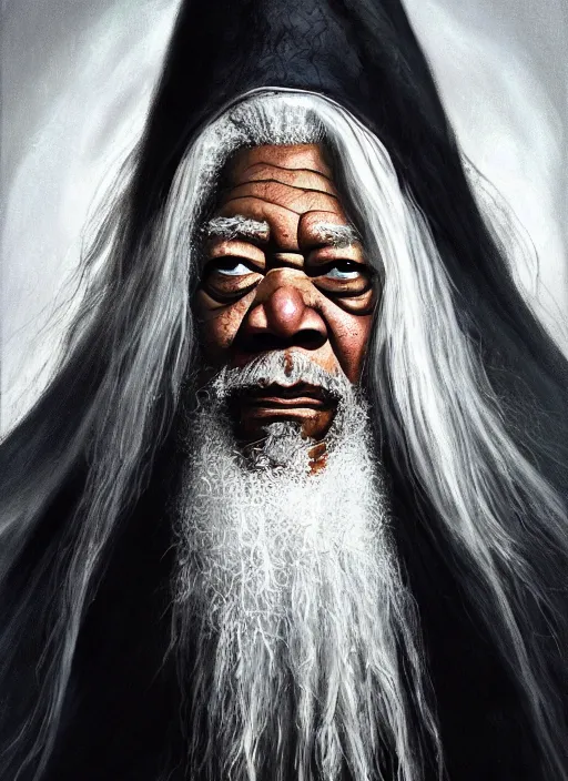 Image similar to evil morgan freeman as evil wizard saurman the white, long white hair and white beard, beautiful pure white warlock flowing robes, long black wizard staff by alan lee, lord of the rings, smooth, oil painting, matte painting, concept art, trending on artstation, promotional artwork, film still, elegant, photorealistic facial features, intricate, detailed face, cinematic lighting