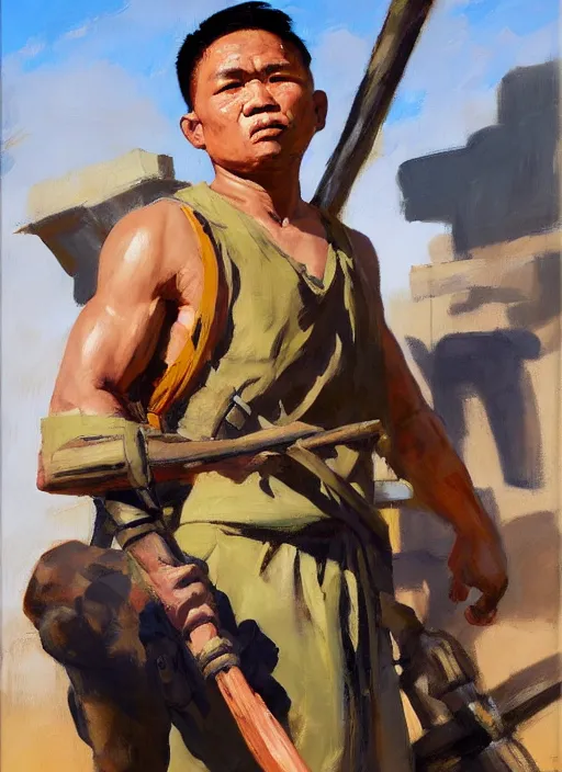 Prompt: greg manchess side portrait of a filipino fighter with a staff standing in front of a tank, organic painting, sunny day, matte painting, bold shapes, hard edges, street art, trending on artstation, by huang guangjian, gil elvgren, ruan jia, randy vargas, greg rutkowski