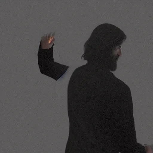 Prompt: a long, dark haired man with a light beard, dressed casually offering a handshake towards the camera, cinematic, gloomy background, realistic, digital art, character art, 8 k