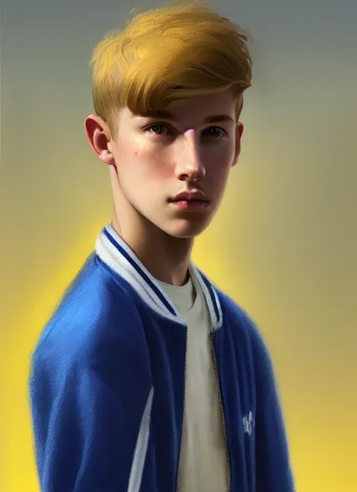 Image similar to portrait of a teenage boy named moose mason, blonde short hair, jock, beefy, square jaw, square facial structure, 1 9 5 0 s, blue varsity jacket, intricate, elegant, glowing lights, highly detailed, digital painting, artstation, concept art, smooth, sharp focus, illustration, art by wlop, mars ravelo and greg rutkowski