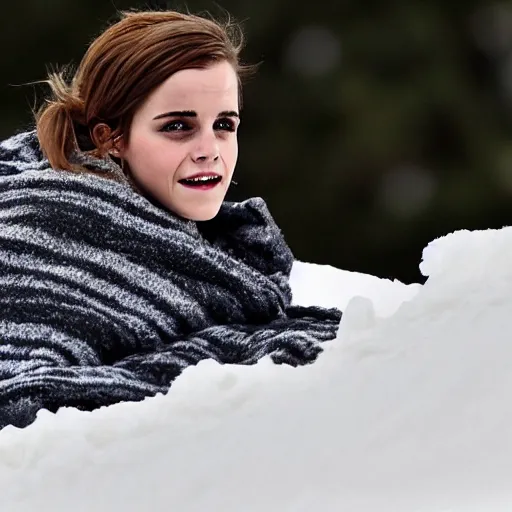 Image similar to emma watson laying in snowdrift, clutching blanky