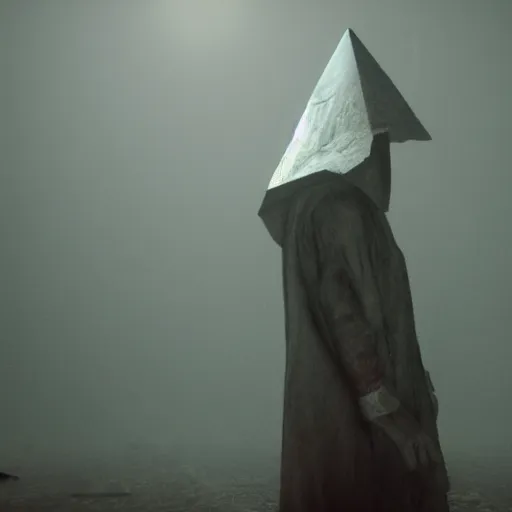 Prompt: movie still of silent hill's pyramid head, high detail, photorealistic portrait, cinematic lighting, creeping fog, ( unreal engine ), octane render