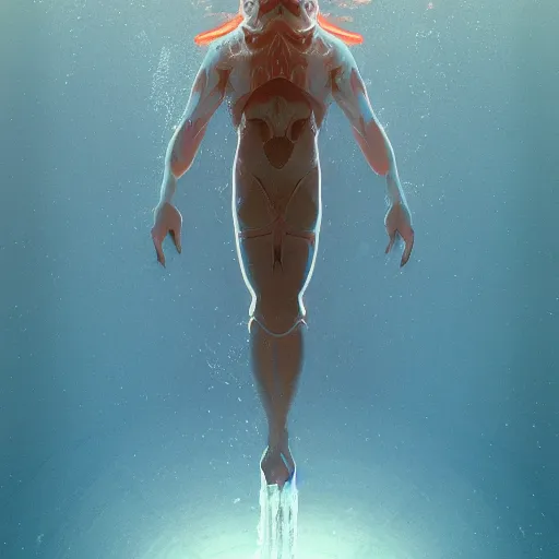 Image similar to great white shark, lower half traffic cone, full body, underwater background detailed atmospheric - ron cheng & alphonse mucha, highly detailed, digital painting, ray tracing, concept art, illustration, smooth sharp focus, intricate, symmetry, artstation,