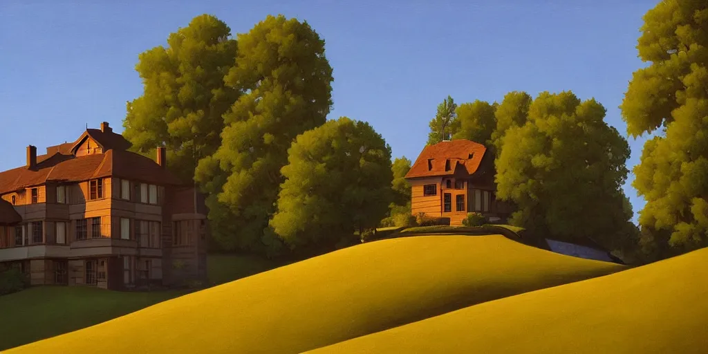 Image similar to a wooden manor on a hill in the countryside, golden hour, summer, painting by kenton nelson