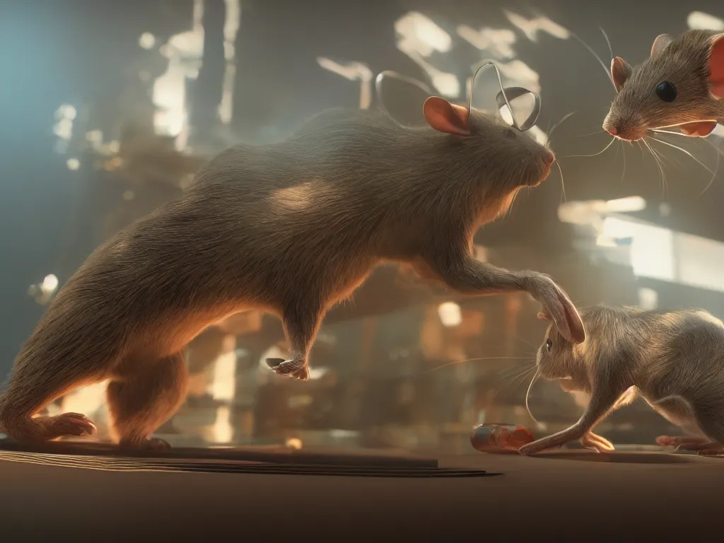 Prompt: a computer mouse pretends to be the king of ordinary mice and wears a crown, highly detailed, sharp focus, cinematic lighting, unreal engine 5, neon version of style jim burns