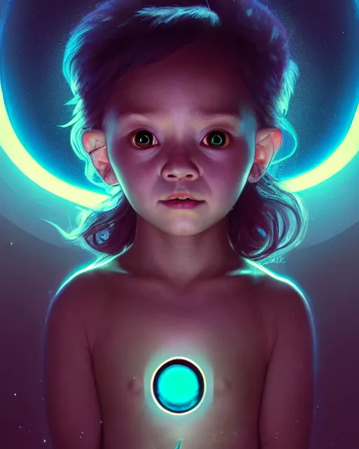 Prompt: one singular portrait of a cute bioluminescent baby creature with big glowing eyes, highly detailed, digital painting, cinematic, hyper realism, dark retrowave, art by Stanley Lau and Artgerm and magali villeneuve and Alphonse Mucha, artstation, octane render, cgsociety