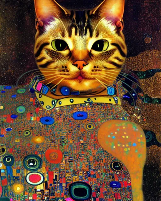 Image similar to robotic cat portrait an oil painting splashes with many colors and shapes by gustav klimt greg rutkowski and alphonse mucha, polycount, generative art, psychedelic, fractalism, glitch art