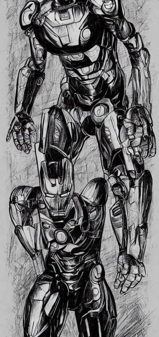 Image similar to iron man drawn in the style of hr giger, body horror, creepy, weird