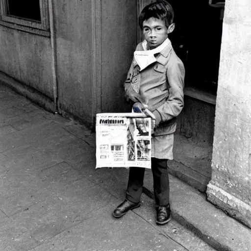 Prompt: a boy selling newspaper on the street, 8 0 s