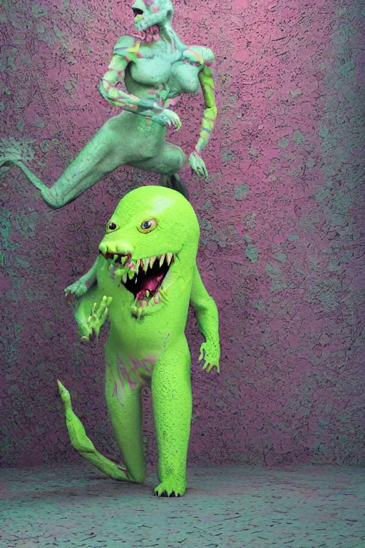 Image similar to a scene with a monster wearing a super detailed muted color diy! suit with fluo details, vivienne westwood!, detailed photoreal render octane render, pointillism, full body