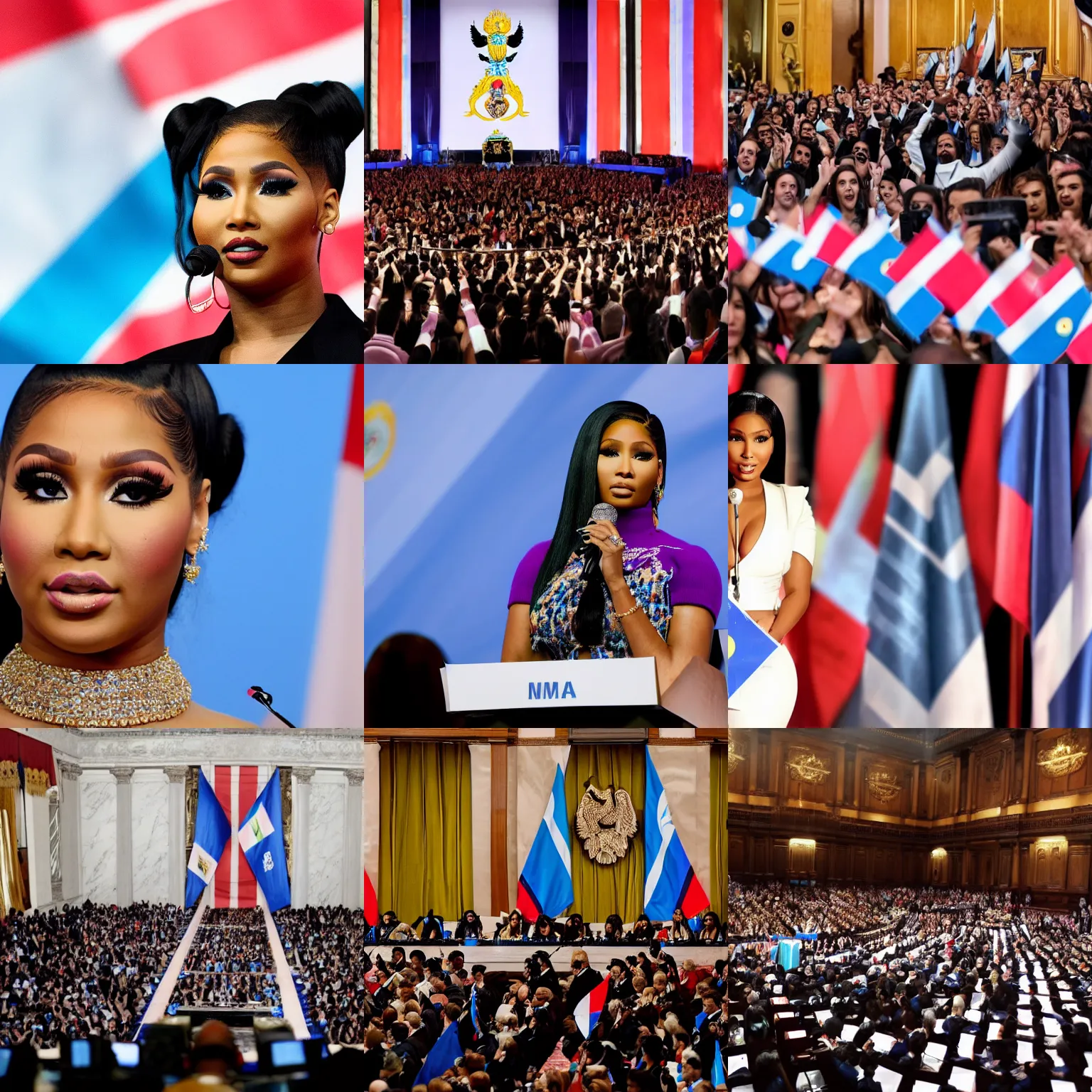 Image similar to A photo of Nicki Minaj delivering a speech, Argentina flags behind, in the Argentine Congress, background out of focus, hd picture, highly detailed