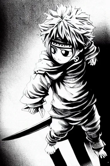 Image similar to attractive little boy wearing an ninja suit, black and white artwork made by kentaro miura