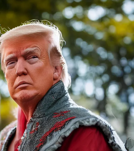 Image similar to award winning 5 5 mm close up portrait color photo of trump as songoku, in a park by luis royo. soft light. sony a 7 r iv