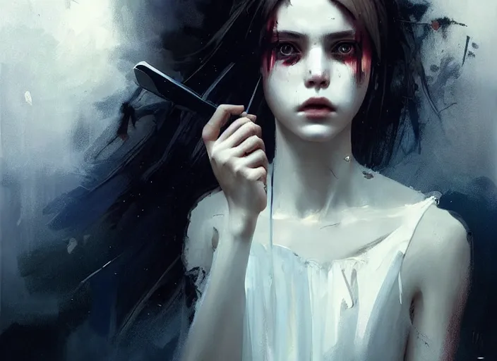 Prompt: white dress girl chasing from grim reaper, messy hair, messy lines, scared face, beautiful and aesthetic and attractive and detailed face, dramatic situation, specular reflection, occlusion shadow, intricate, bokeh, by ilya kuvshinov and jeremy lipking and quentin mabille