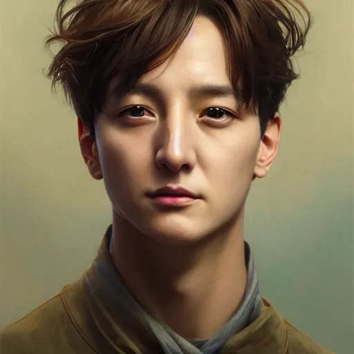 Image similar to highly detailed vfx portrait of jungkook, stephen bliss, greg rutkowski, loish, rhads, beeple, makoto shinkai, tom bagshaw, alphonse mucha, global illumination, sharp focus, art by artgerm and greg rutkowski, stanley kubrick, best of behance, cinematic lighting, intricate complexity,