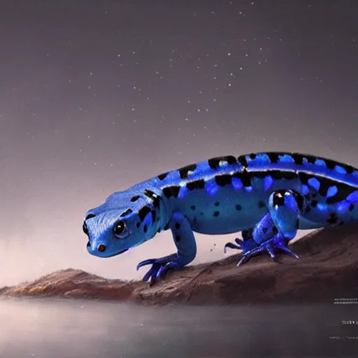 Prompt: artwork of a blue spotted salamander, by greg rutkowski, matte painting, trending on artstation, dark fantasy, super detailed, 8 k hd, volumetric light, dramatic light