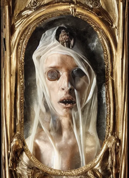 Prompt: la pieta ultrarealistic ultradetailed medium shot painting of slimy catholic veiled transparent maiden with, skeleton still life, nerves, internal organs, greg rutkowski, peter gric, immerse, 1 9 th, special effects makeup, maximalist, glittering, gold, ivory, hyperreal, alphonse mucha, bride of frankenstein, polaroid