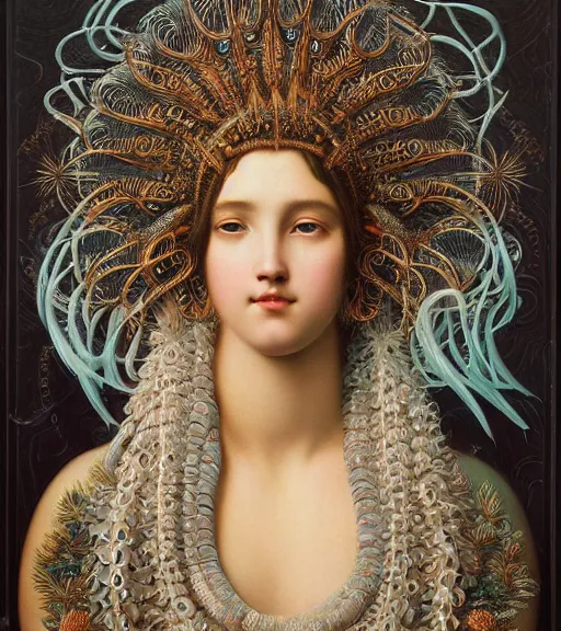 Image similar to portrait of a beatiful young goddess with intricate jellyfish headdress, dark background, intricate hyper detailed art by john william godward and ernst haeckel and james jean