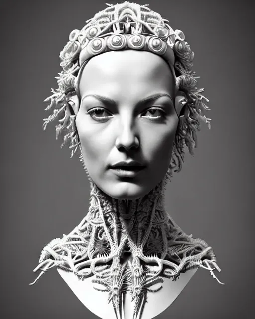 Prompt: bw 3 d render of a beautiful female queen - cyborg - vegetal, intricate fractal ornament in the bust with a very long neck, elegant, highly detailed intricate rococo ornament in her blond long hair, realistic, refined, highly detailed, cinematic outdoor lighting, by flora borsi in the style of dora maar, volumetric lighting, hyper realistic photography
