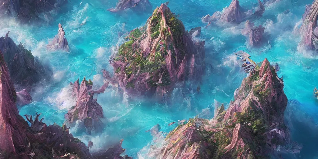 Prompt: fantasy painting of a singular island in the middle of a vast ocean, intricate abstract. delicate artwork. by tooth wu, wlop, beeple, dan mumford. octane render, trending on artstation, greg rutkowski very coherent symmetrical artwork. cinematic, hyper realism, high detail, octane render, 8 k, depth of field, bokeh. chrome accents.