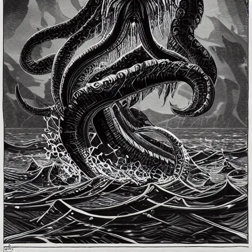 Image similar to black and white art deco style ink drawing of detailed A blue Kraken in the sea, highly detailed, fantasy art, in the style of greg rutkowski, illustration, epic, fantasy, intricate, hyper detailed, artstation, concept art, smooth, sharp focus, ray tracing