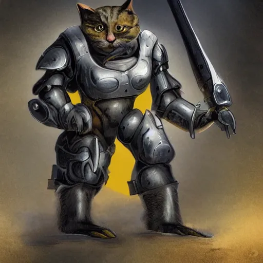 Prompt: a humanoid cat like creature in full body armor, force fields on the armor, yellow eyes, and grey fur with teeth that protrude past their lower jaw holding rifles