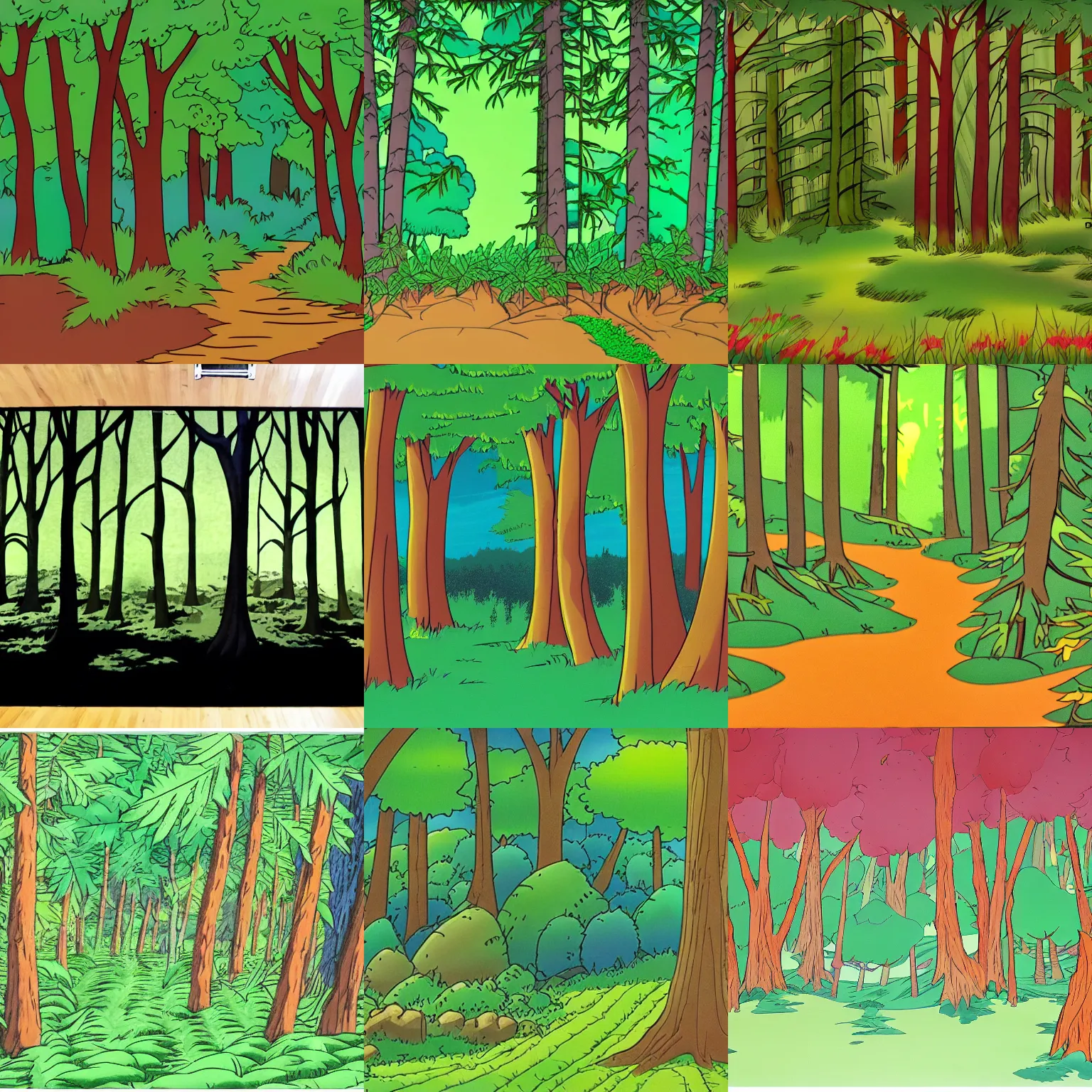 Prompt: animation cel backdrop forest , 90s cartoon