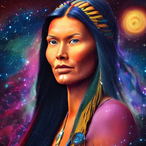 Image similar to a portrait of Pocahontas in the space with nebulae, realistic painting, high definition, digital art, matte painting, very detailed, realistic