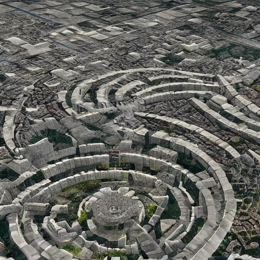 Prompt: ancient goth city with spiral-shaped streets drowns into insanity hyperreality hd 8k plane view