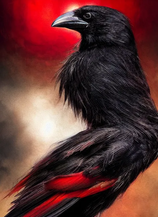 Prompt: red and golden color details, portrait, A crow with red eyes in front of the full big moon, book cover, red details, red white black colors, establishing shot, extremly high detail, foto realistic, cinematic lighting, by Yoshitaka Amano, Ruan Jia, Kentaro Miura, Artgerm, post processed, concept art, artstation, raphael lacoste, alex ross, portrait, A crow with red eyes in front of the full big moon, book cover, red roses, red white black colors, establishing shot, extremly high detail, photo-realistic, cinematic lighting, by Yoshitaka Amano, Ruan Jia, Kentaro Miura, Artgerm, post processed, concept art, artstation, raphael lacoste, alex ross