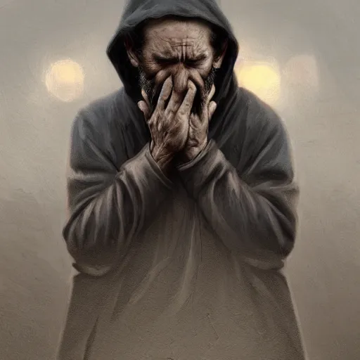 Prompt: an homeless man praying on the streets, dark, sad, digital painting, artstation, concept art, soft light, hdri, smooth, sharp focus, illustration, fantasy, intricate, elegant, highly detailed, D&D, matte painting, in the style of Greg Rutkowski and Alphonse Mucha and artemisia, 8k,