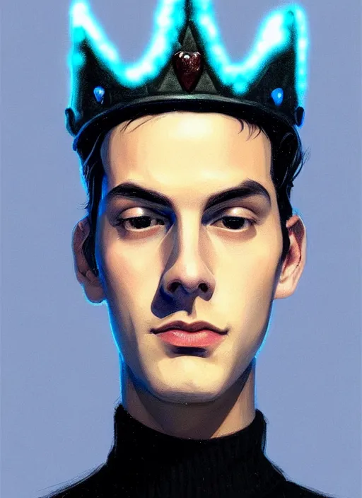 Image similar to portrait of teenage jughead jones wearing a light grey crown, crown, blue turtleneck, 1 9 5 0 s, closed eyes, photorealistic, black hair, glowing lighting, intricate, elegant, glowing lights, highly detailed, digital painting, artstation, concept art, smooth, sharp focus, illustration, art by wlop, mars ravelo and greg rutkowski