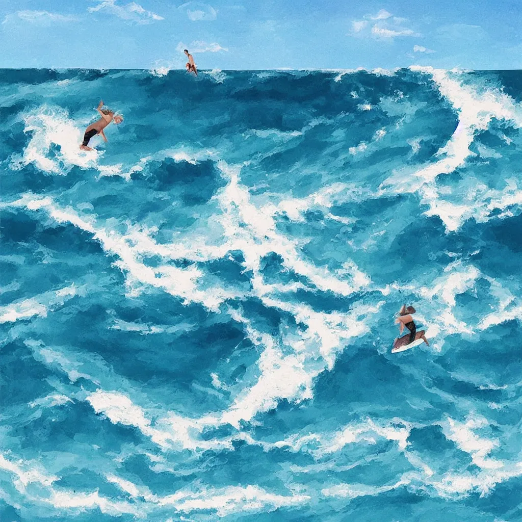 Image similar to “ a person is swimming and scared of getting crushed by a very big wave. a second person is surfing. digital art, cheerful, hawaii, blue sky ”