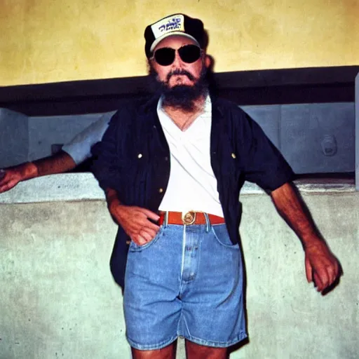 Image similar to fidel castro wearing denim shorts, full body portrait, 3 5 mm film, by nan goldin