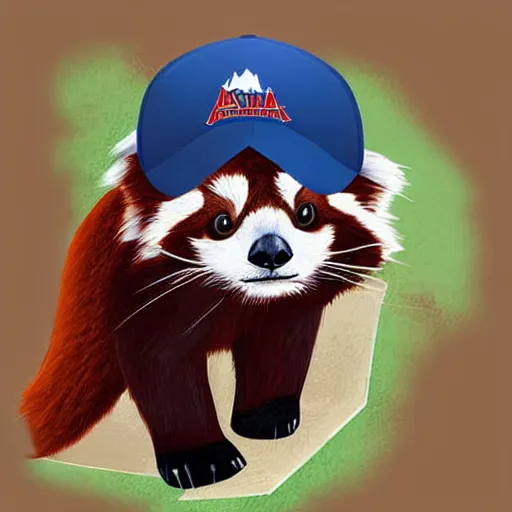 Image similar to digital art of adventurous red panda wearing a baseball cap climbing a mountain