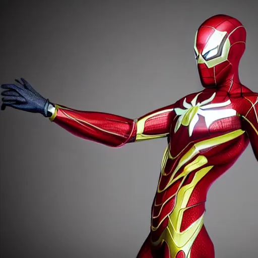 Image similar to still photo of iron spider, highly detailed, photorealistic portrait, bright studio setting, studio lighting, crisp quality and light reflections, unreal engine 5 quality render