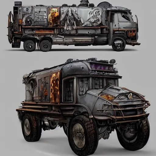 Image similar to a highly detailed epic cinematic concept art CG render digital painting artwork: the back of a steampunk truck in motion. girl in grey hoodie holds onto the back door of the truck. By Greg Rutkowski, Ilya Kuvshinov, WLOP, Stanley Artgerm Lau, Ruan Jia and Fenghua Zhong, trending on ArtStation, made in Maya, Blender and Photoshop, octane render, excellent composition, cinematic atmosphere, dynamic dramatic cinematic lighting, aesthetic, very inspirational, arthouse