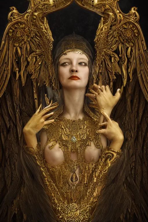 Image similar to concept art, angel woman, beautiful, frank frazetta, ornate, art nouveau, symmetrical, gold jewelry, high contrast, unbiased render, Emil melmoth, eerie, haunting, victorian, 8k, octane render, style of Gustav Klimt, head and shoulders