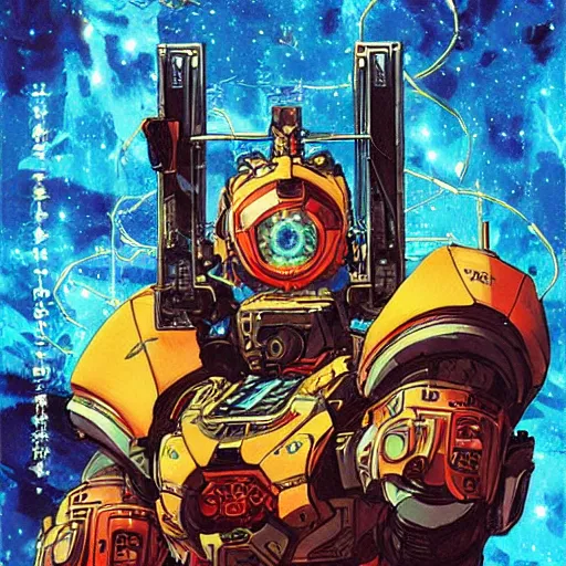 Prompt: the fullmetal wired neon friendly robot orion crosses the infinite tori gates between reality and simulation, hanafuda oil on canvas by ivan shishkin, james jean and yoji shinkawa