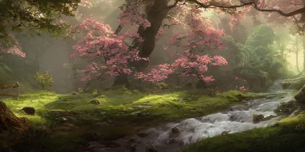 Image similar to woods on the mountain in spring with small stream and small house, warm atmosphere, ilustration, fairy tales, chinese mythology elements, a little light pink shade, characterized by roman shipunov, etienne hebinger, atey ghailan, cgsociety, fantasy art, 2 d game art